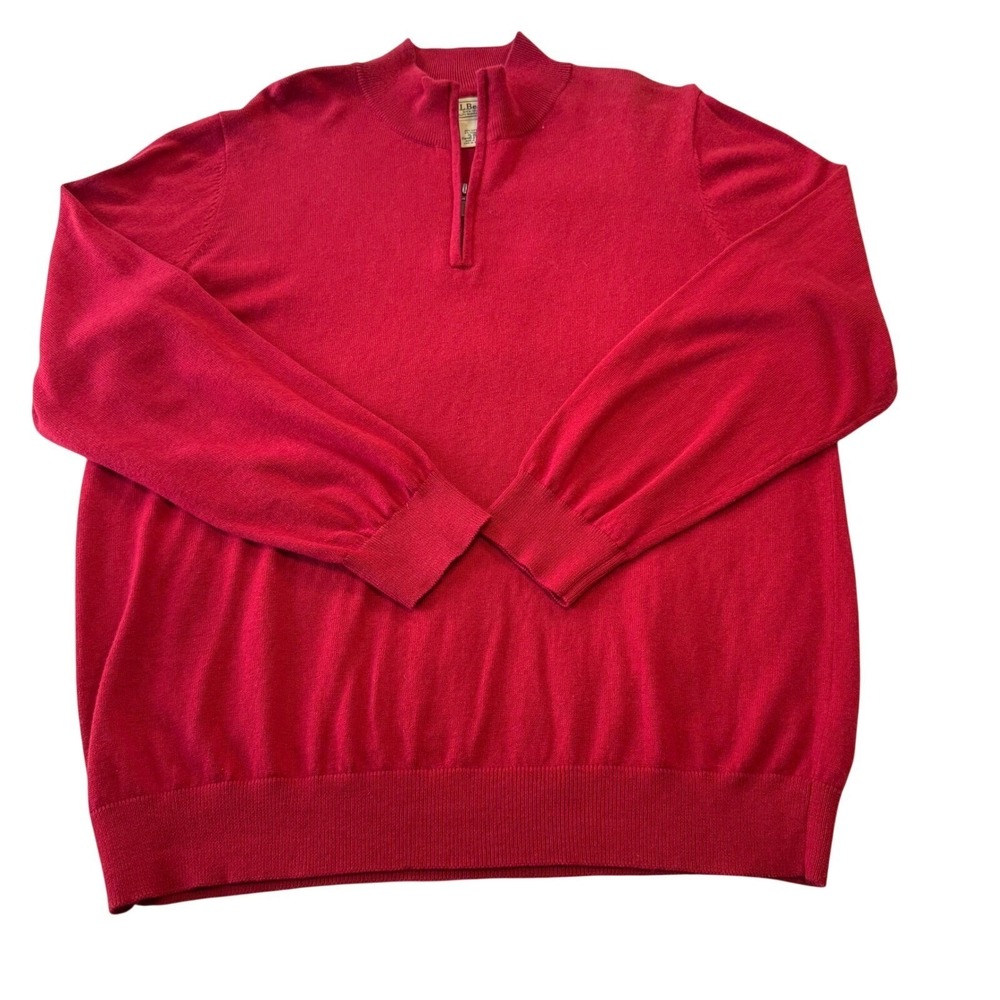 LL Bean Men 95% Cotton 5% Cashmere Red 1/4 Zip Preppy Pullover Sweater XL